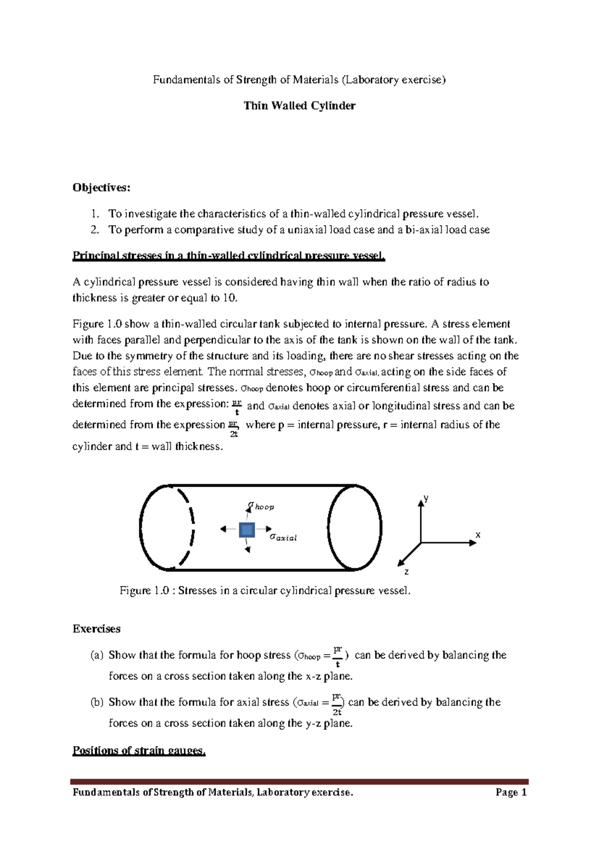 Thin walled pressure vessel lab - Fundamentals of Strength of Materials ...