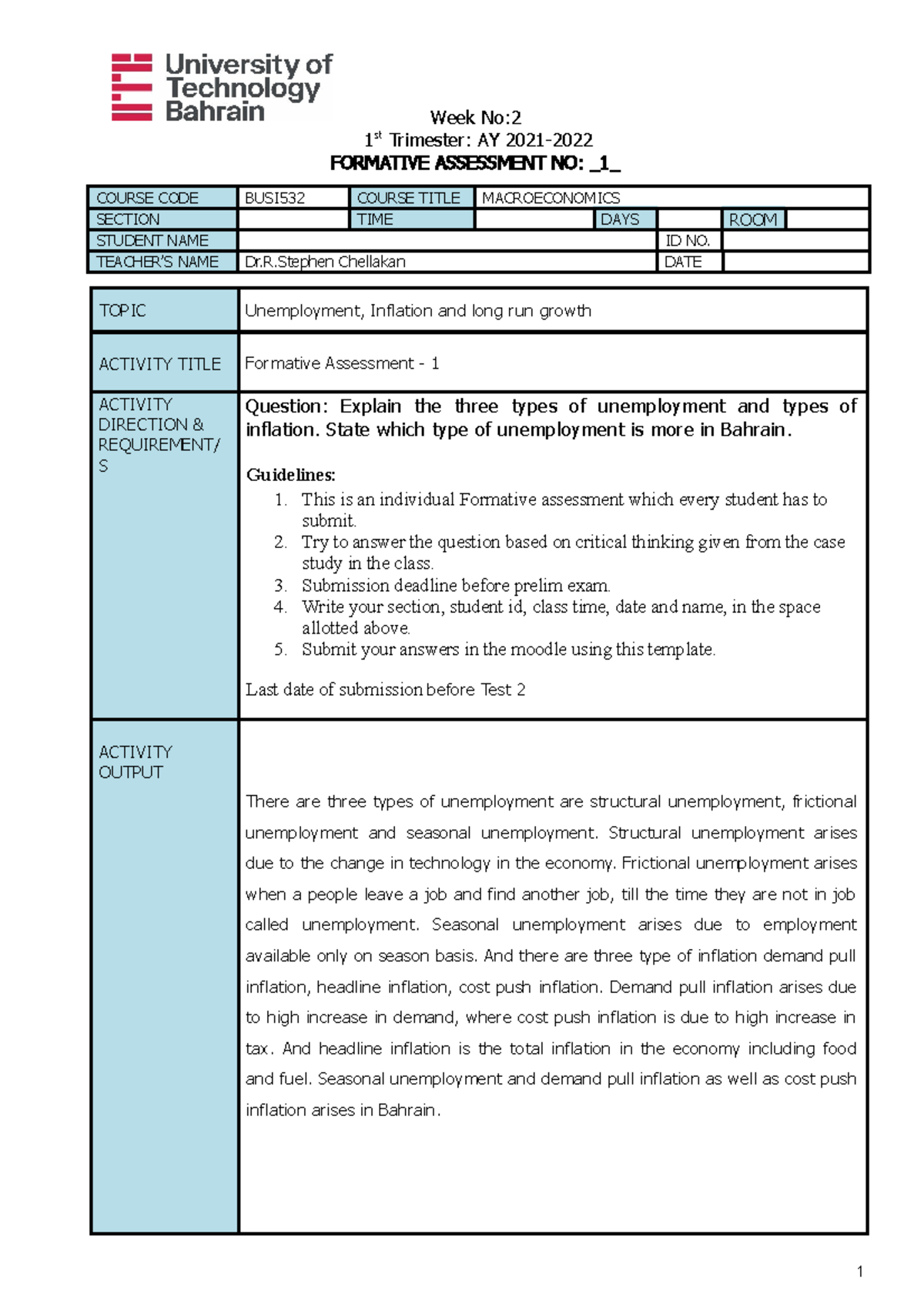 Formative Assessment Format-1- 1st Tri AY 2021-2022 - Week No: 1 st ...