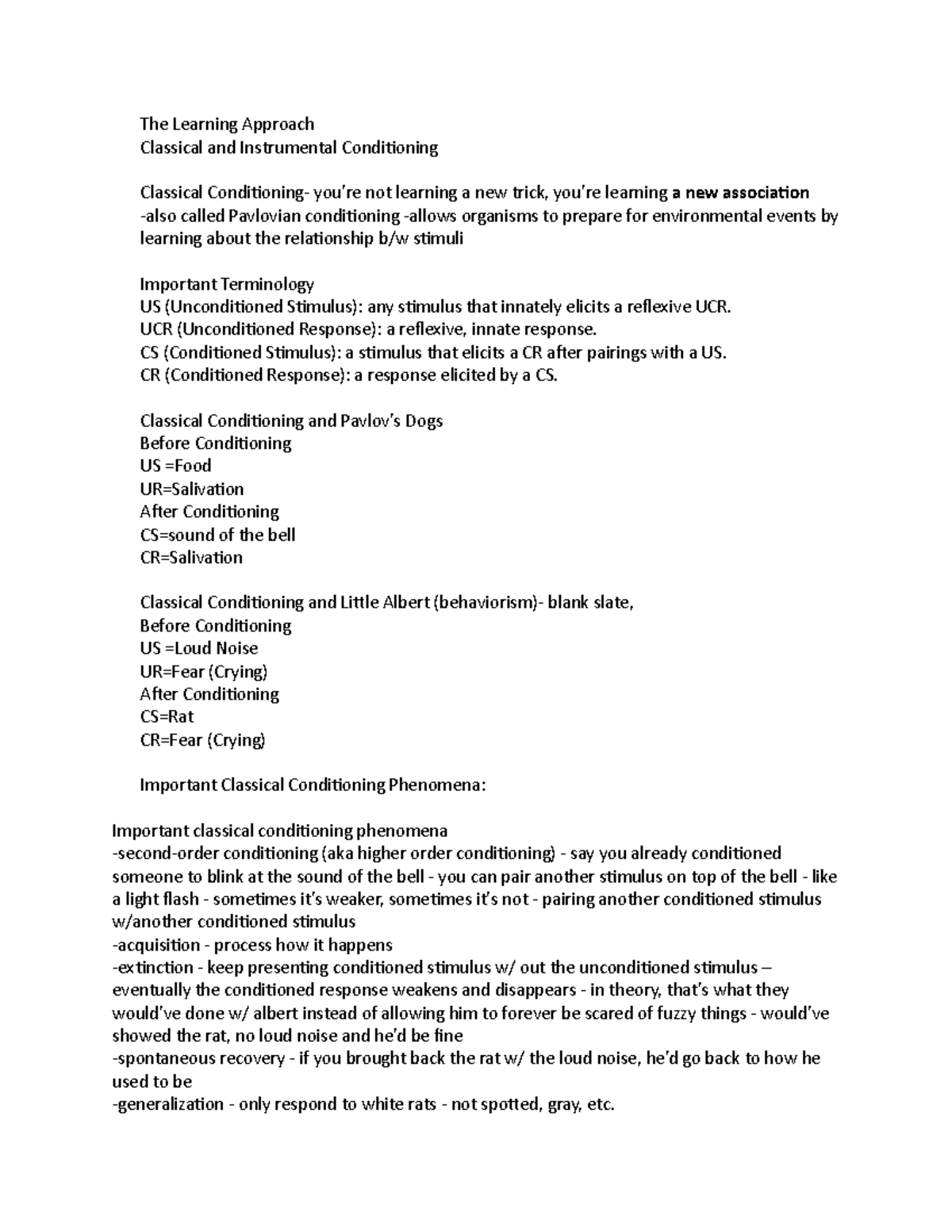 Learning class notes outline - The Learning Approach Classical and ...