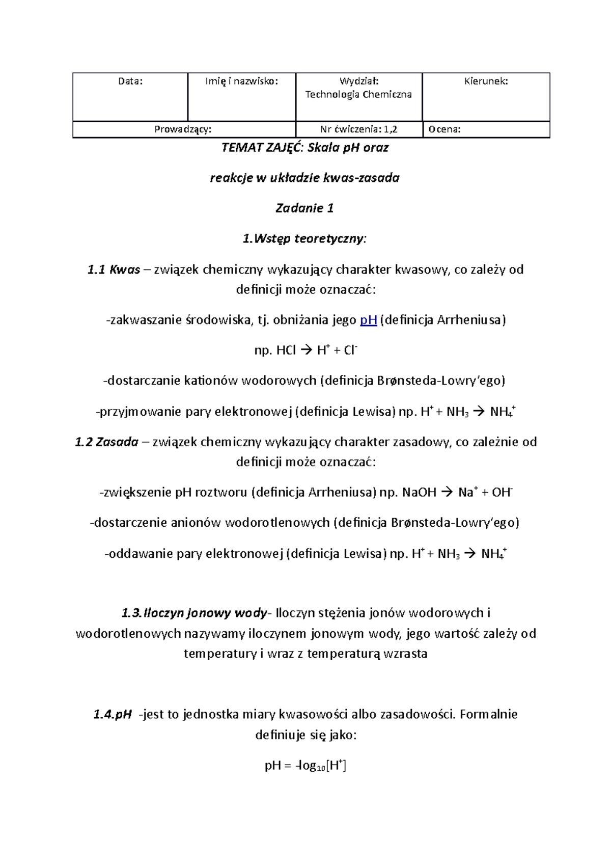 Sprawko 2023 2 Chemia Gotowe Zad 1,docx - Data: Imię I Nazwisko ...