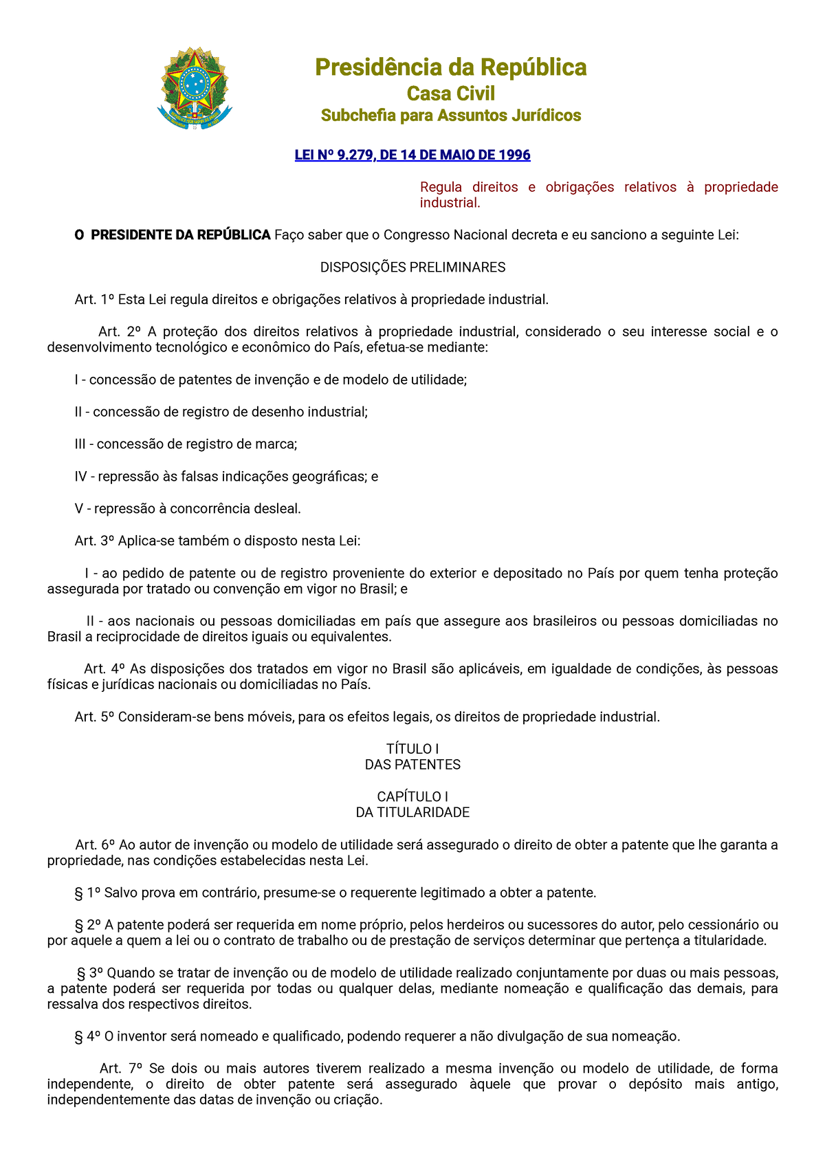 Lei 9279-96-Lei De Propriedade Industrial - Presidência Da República ...