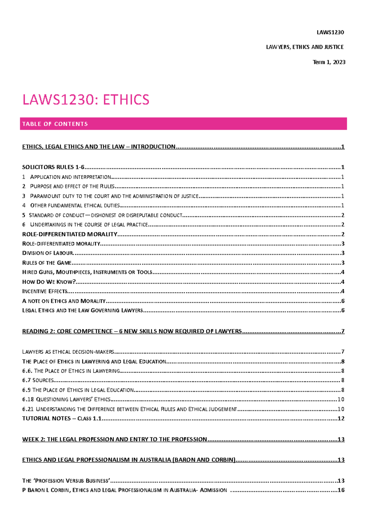 LAWS1230 Notes - LAWYERS, ETHICS AND JUSTICE LAWS1230: ETHICS - LAWS ...