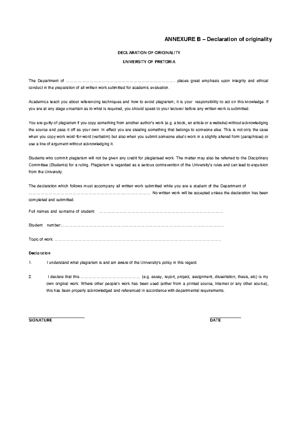 Plagiarism declaration - ANNEXURE B – Declaration of originality ...