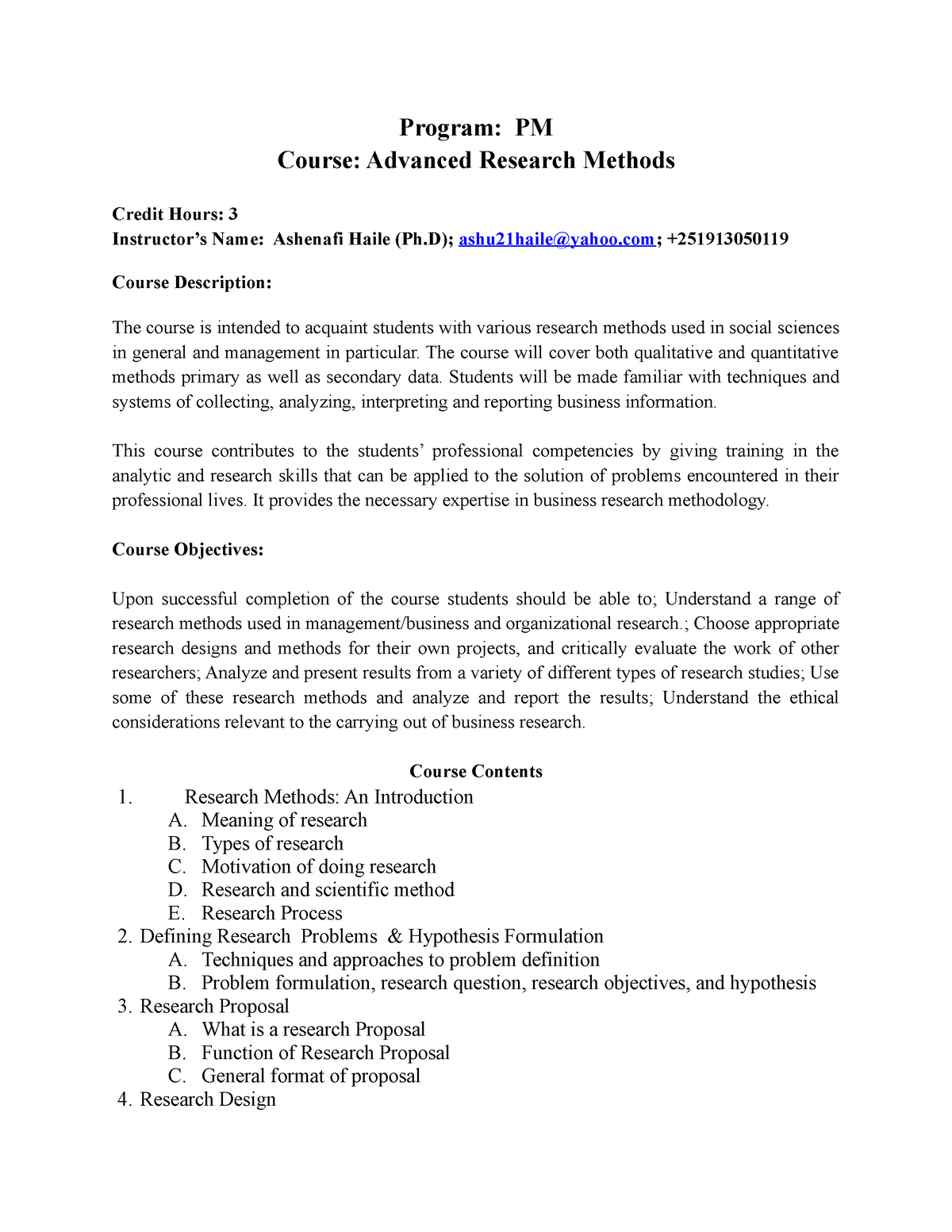 advanced research methods course outline