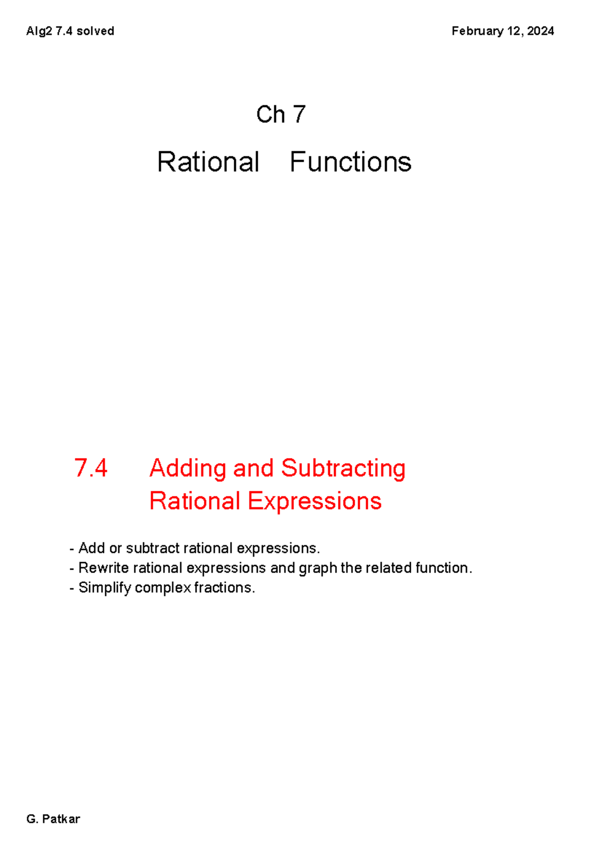 Alg2 7.4 solved - Gkk - Ch 7 Rational Functions 2 of 7 Adding and ...