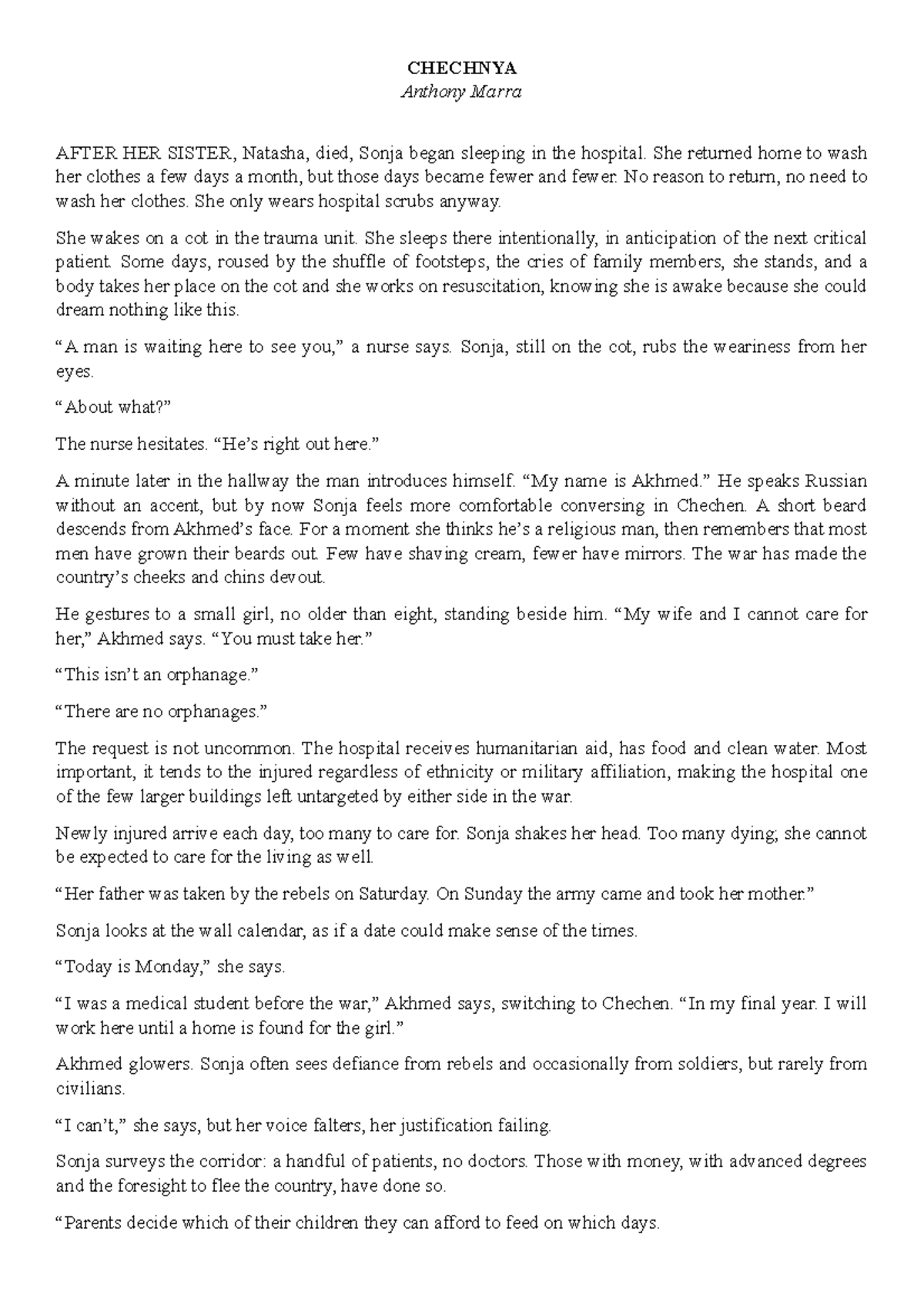 Chechnya by Anthony Marra CHECHNYA Anthony Marra AFTER HER SISTER