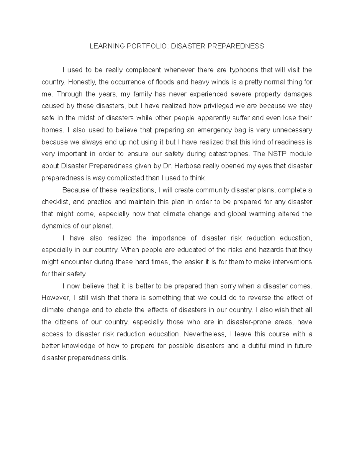 Disaster Preparedness Learning Portfolio Disaster Preparedness I