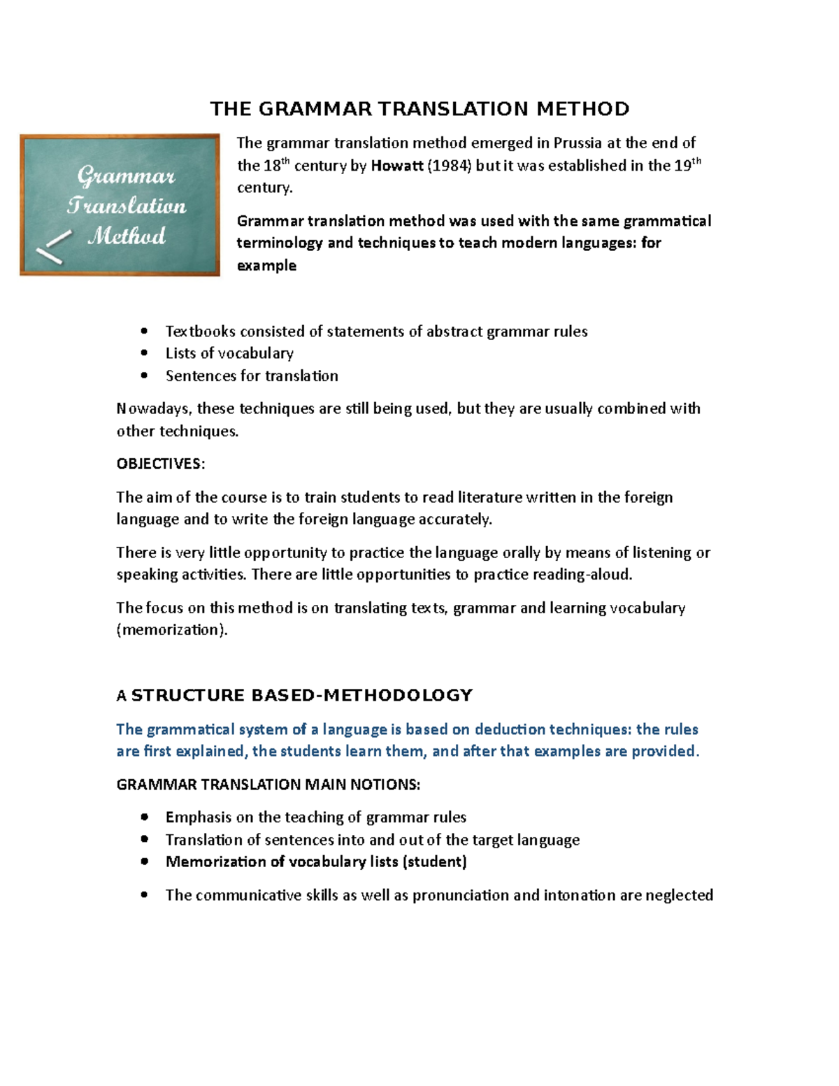 THE Grammar Translation Method THE GRAMMAR TRANSLATION METHOD The
