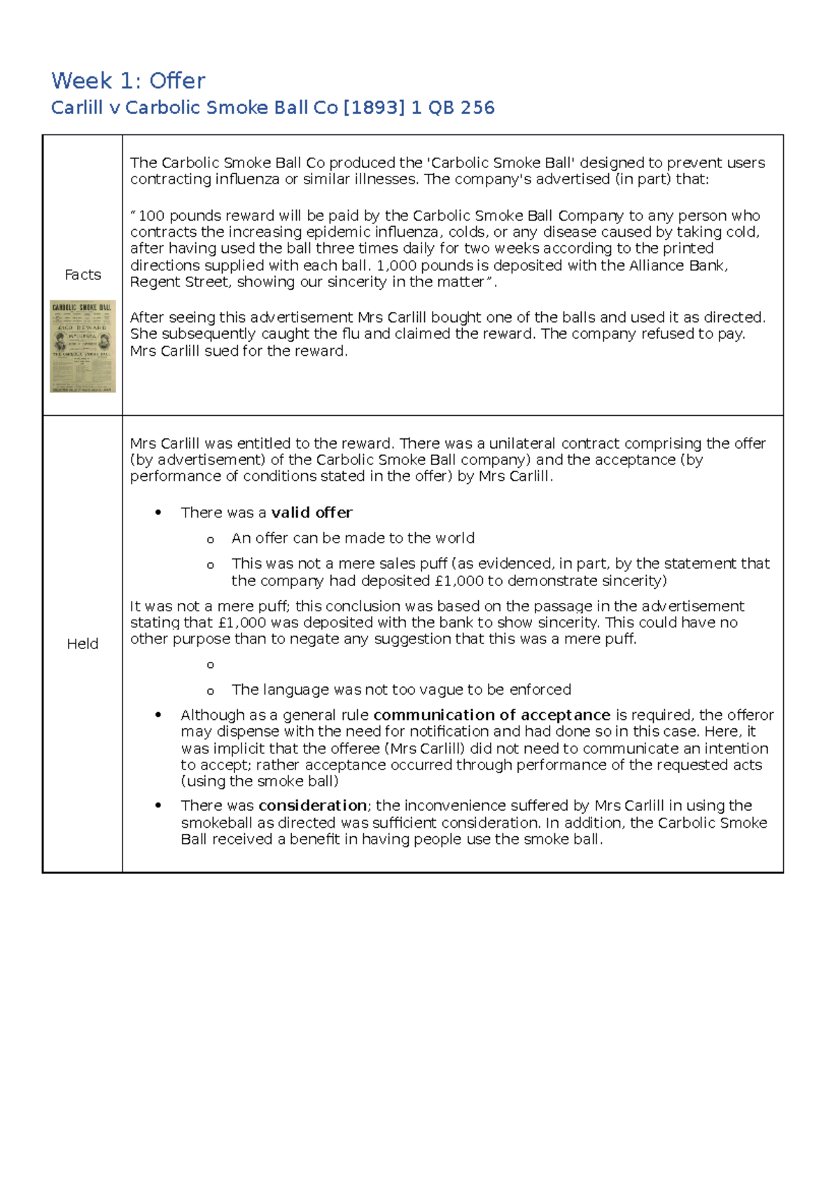 202 Contract Law Week 1 Cases Summaries Week 1 Offer Carlill v Carbolic Smoke Ball Co [1893 202 Contract Law Week 1 Cases Summaries Week 1 Offer Carlill v Carbolic Smoke Ball Co [1893