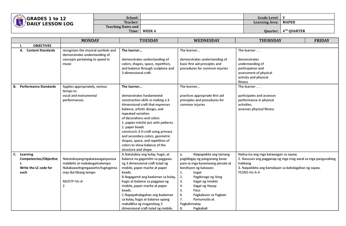 Grade 5 DLL Mapeh 5 Q4 Week 4 - GRADES 1 to 12 DAILY LESSON LOG School ...