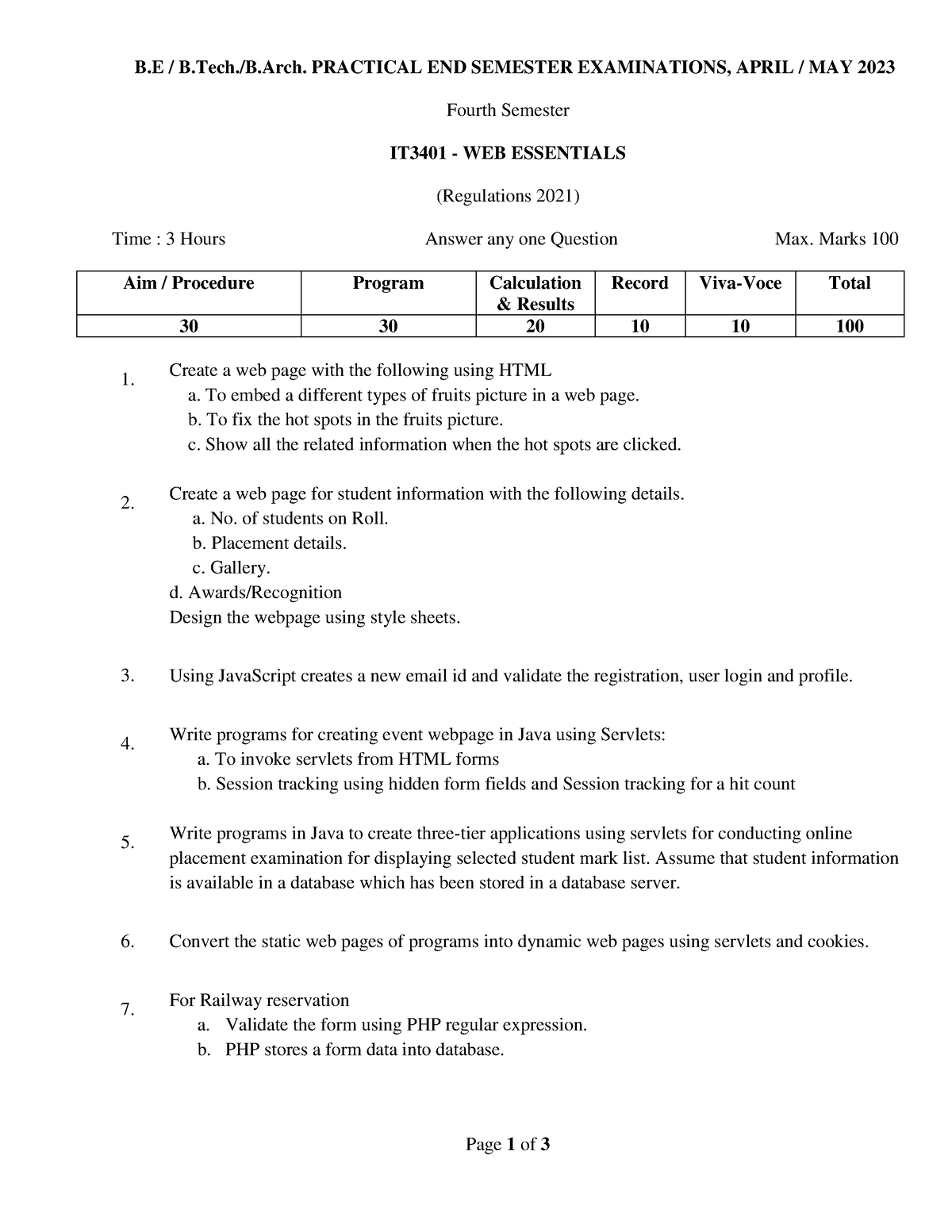 IT3401 SET4 - Good - Page 1 Of 3 B / B.Tech./B. PRACTICAL END SEMESTER ...