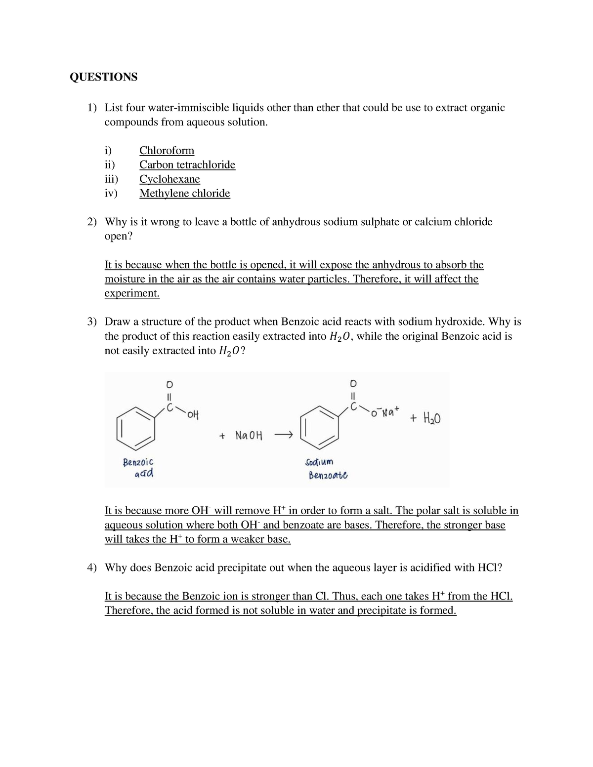 Ques exp 1 chm457 - well done - QUESTIONS List four water-immiscible ...