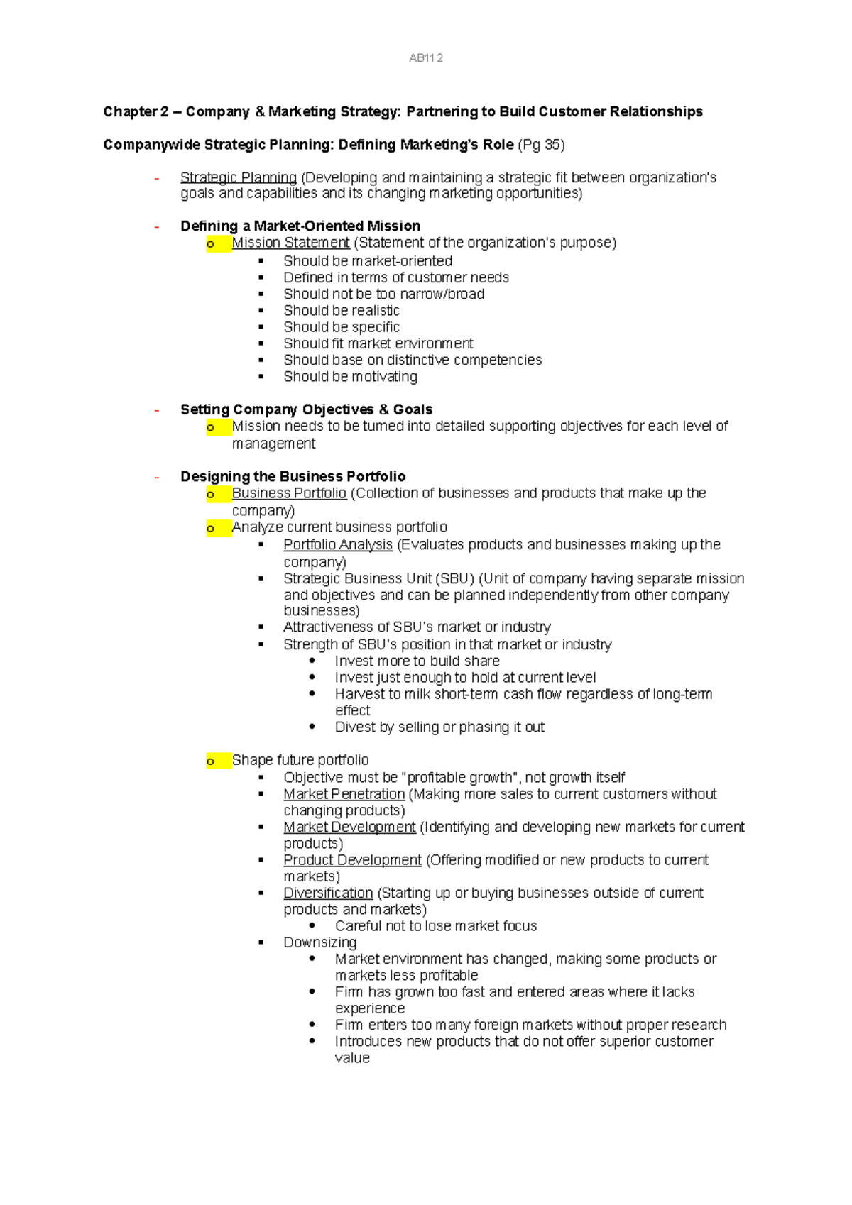 MKT202 - Summary Notes - Chapter 2 – Company & Marketing Strategy ...