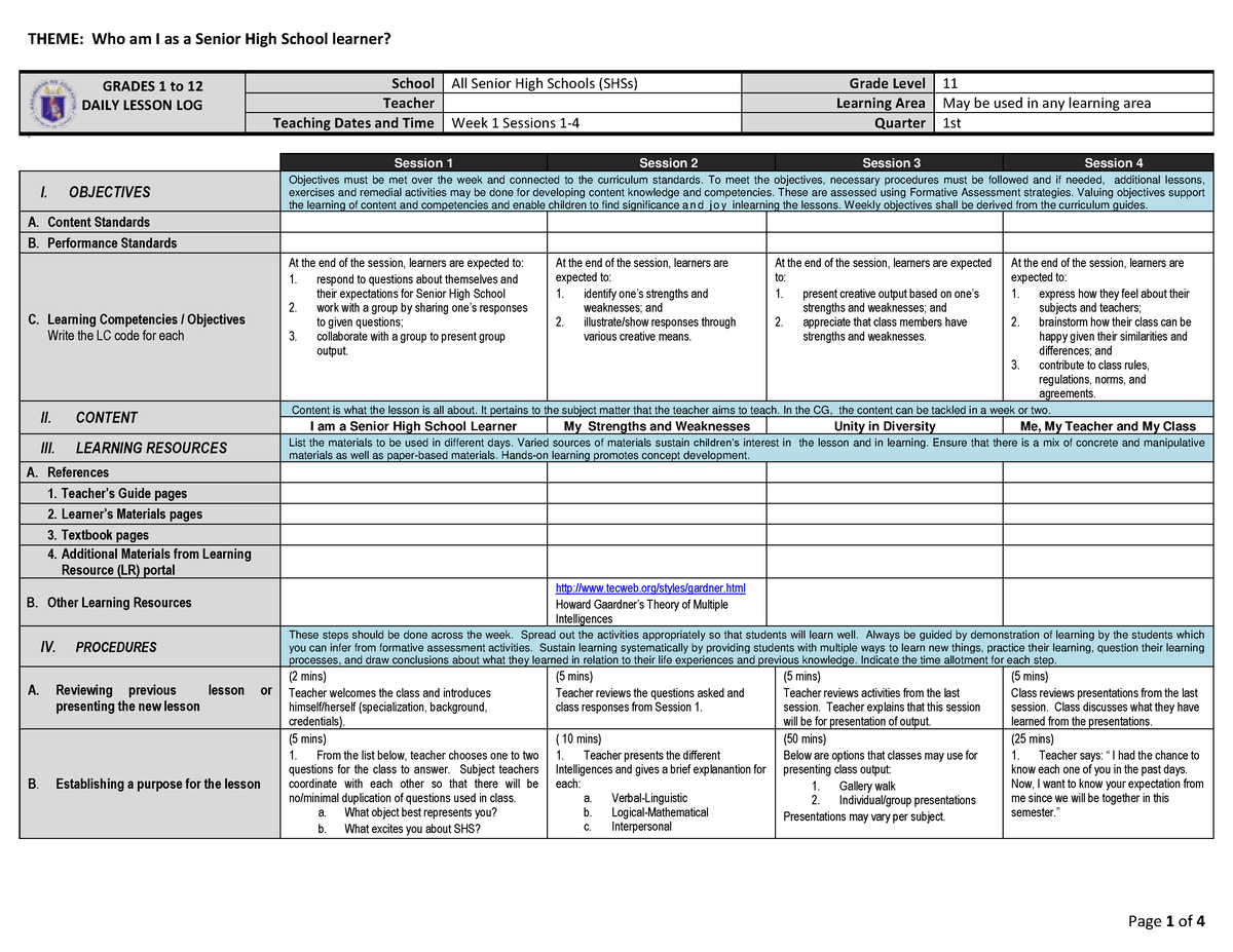 SHS DLL Week 1 Teacher PH - GRADES 1 to 12 DAILY LESSON LOG School All ...