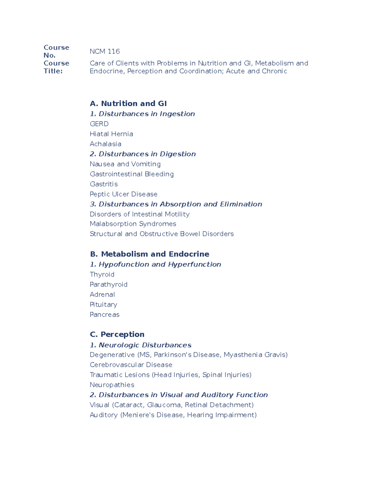 NCM 116 - Topic List For NCM 116 - Course No. NCM 116 Course Title ...