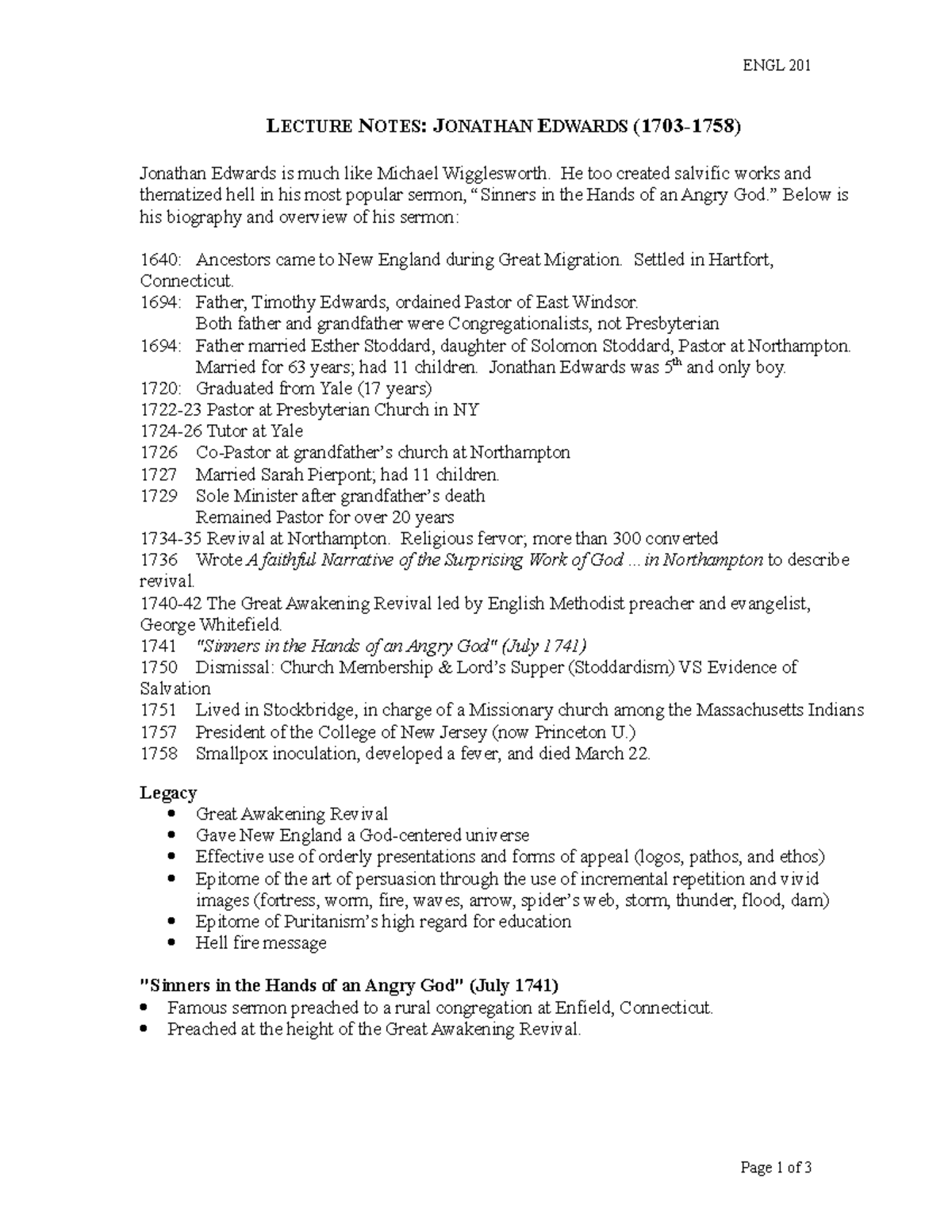 Lecture Notes Jonathan Edwards - ENGL 201 LECTURE NOTES: JONATHAN ...