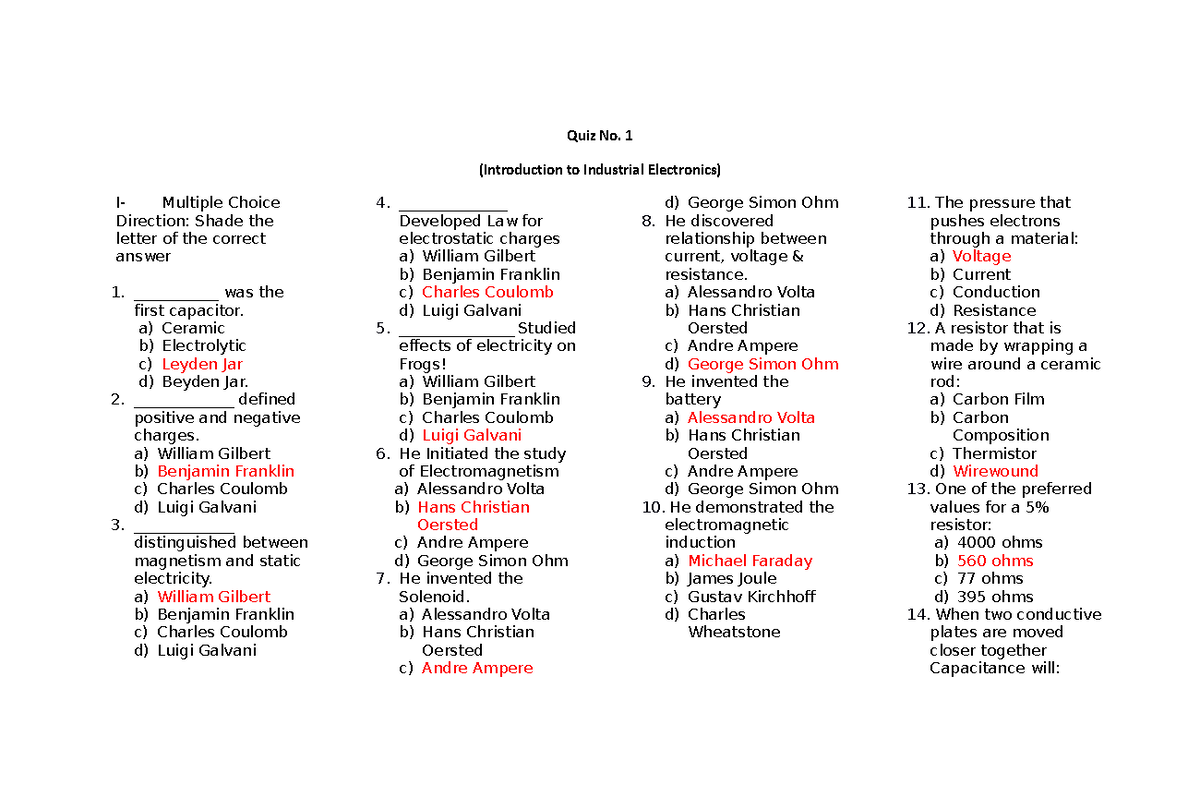 Quiz No. 1 (Industrial New) Quiz No. 1 (Introduction to Industrial Electronics) I Multiple