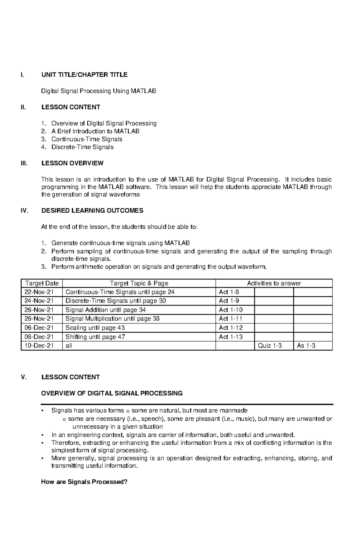 Signals, Spectra and Signal Processing Lesson 3 I. UNIT TITLE/CHAPTER