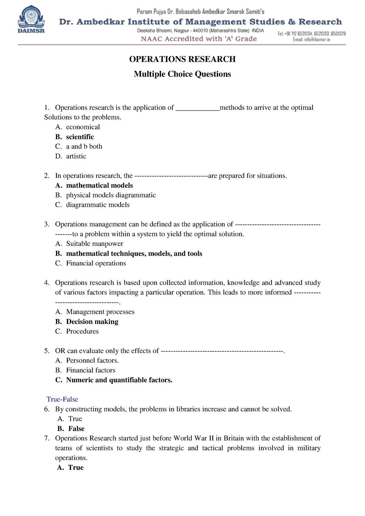 operations research mba question paper