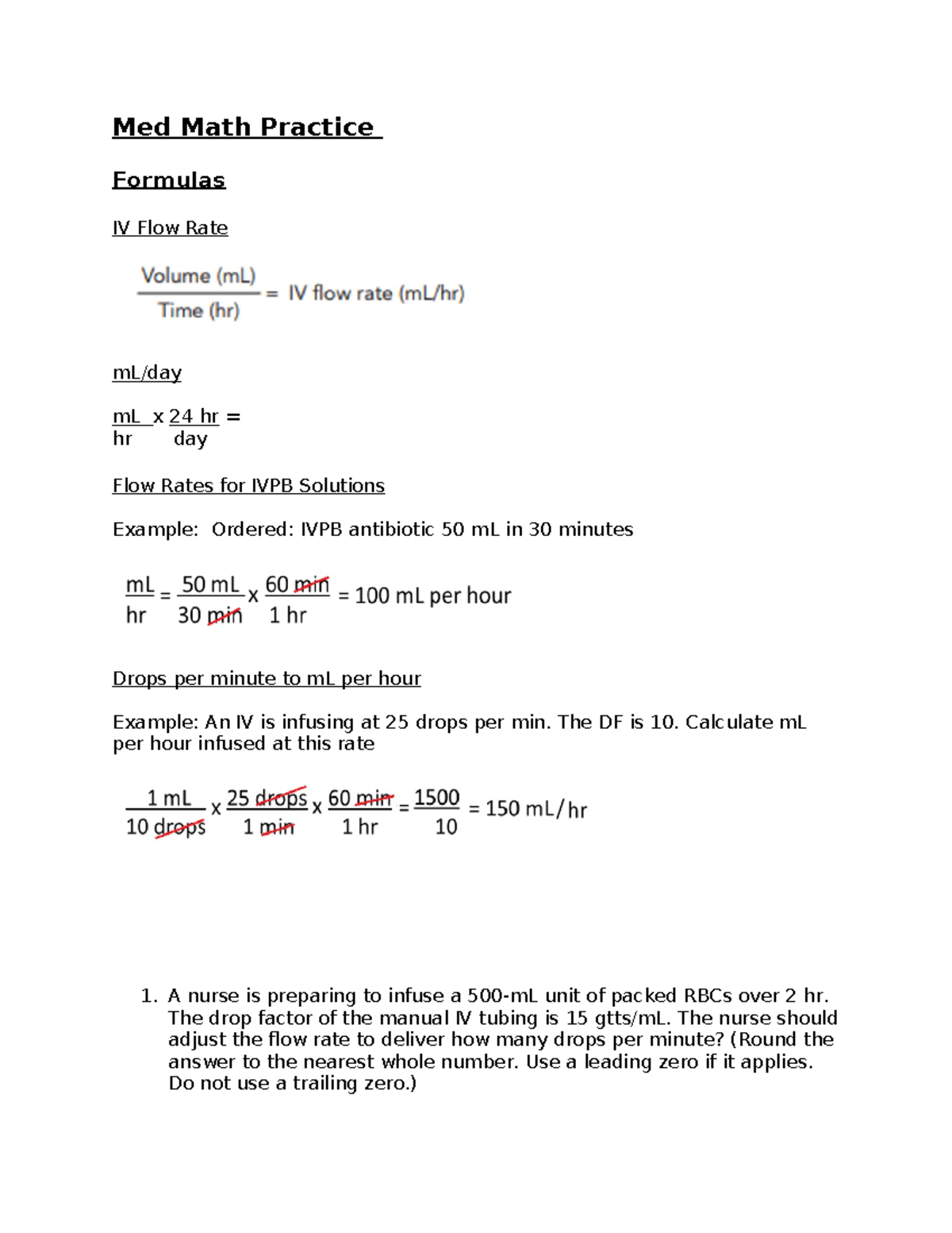 Med Math Remediation Practice 4 Med Math Practice Formulas IV Flow