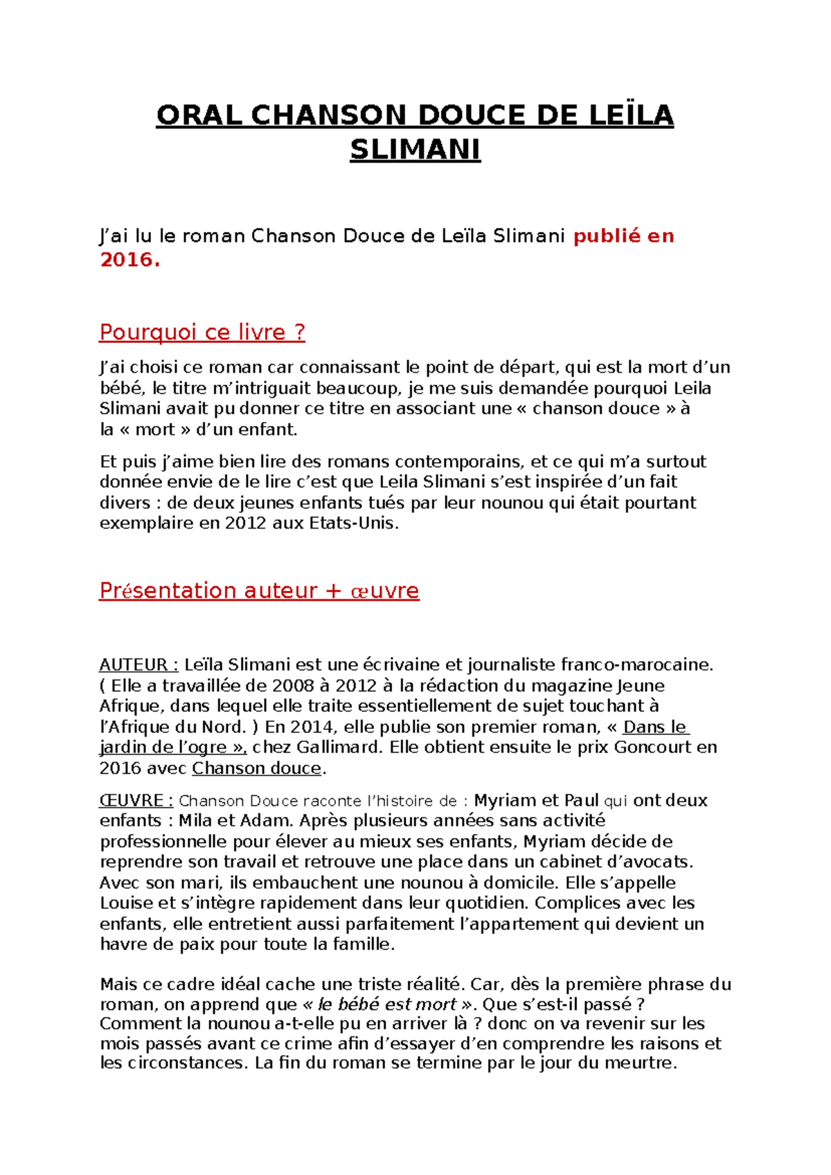 ORAL Chanson Douce DE Leïla Slimani BAC 2 - ORAL CHANSON DOUCE DE LEÏLA ...