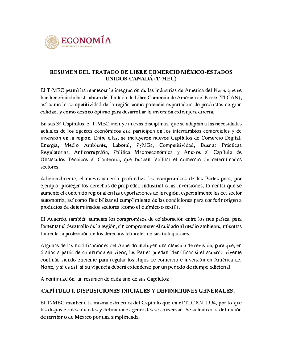 Resumen T-MEC 010619 - RESUMEN DEL TRATADO DE LIBRE COMERCIO MÉXICO ...