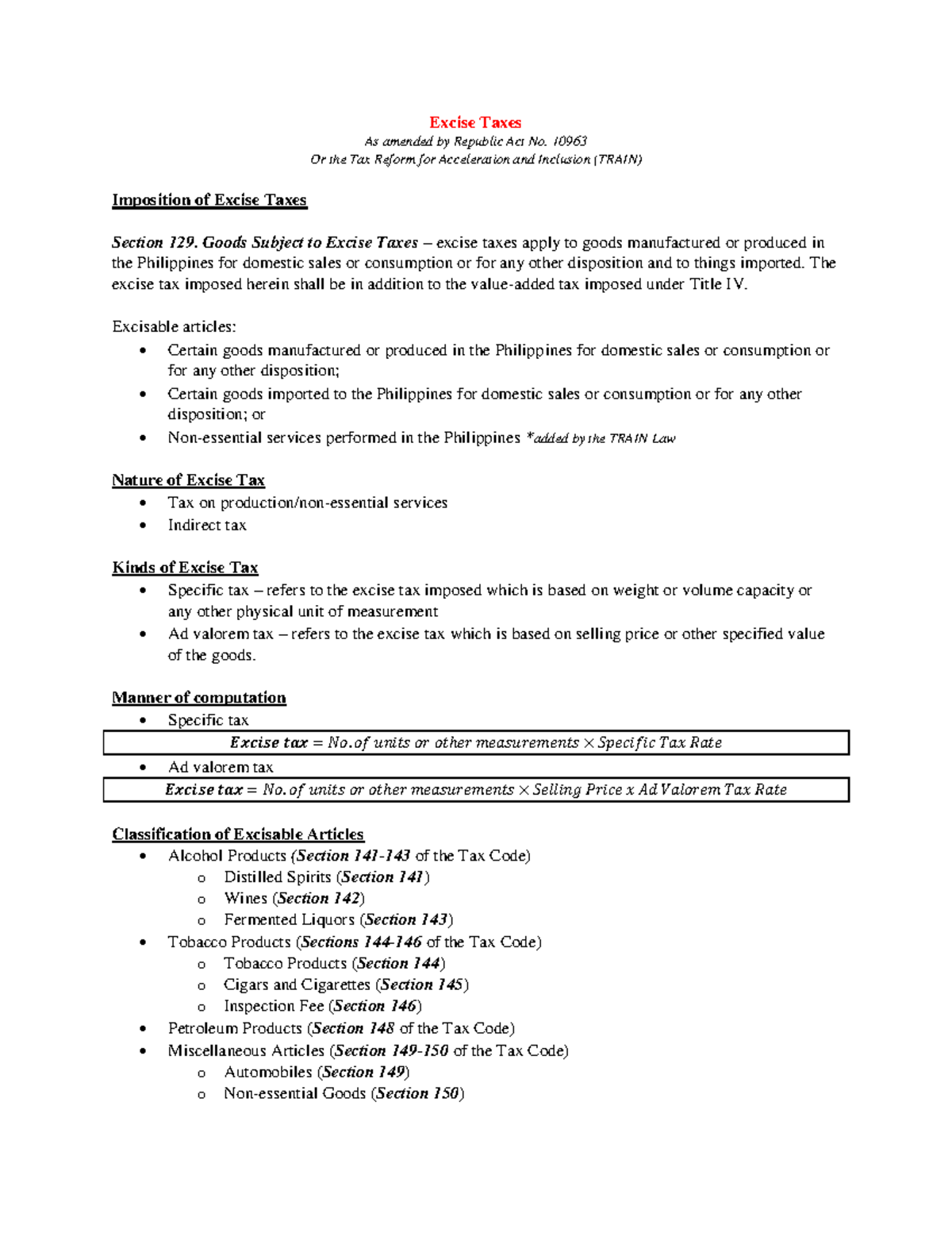 Notesonexcisetaxes compress Excise Taxes As amended by Republic