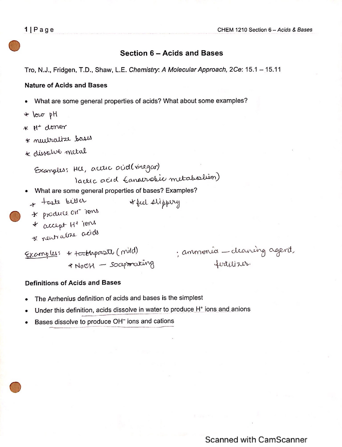 Chapter 6- Acids And Bases - CHEM 1210 - Studocu