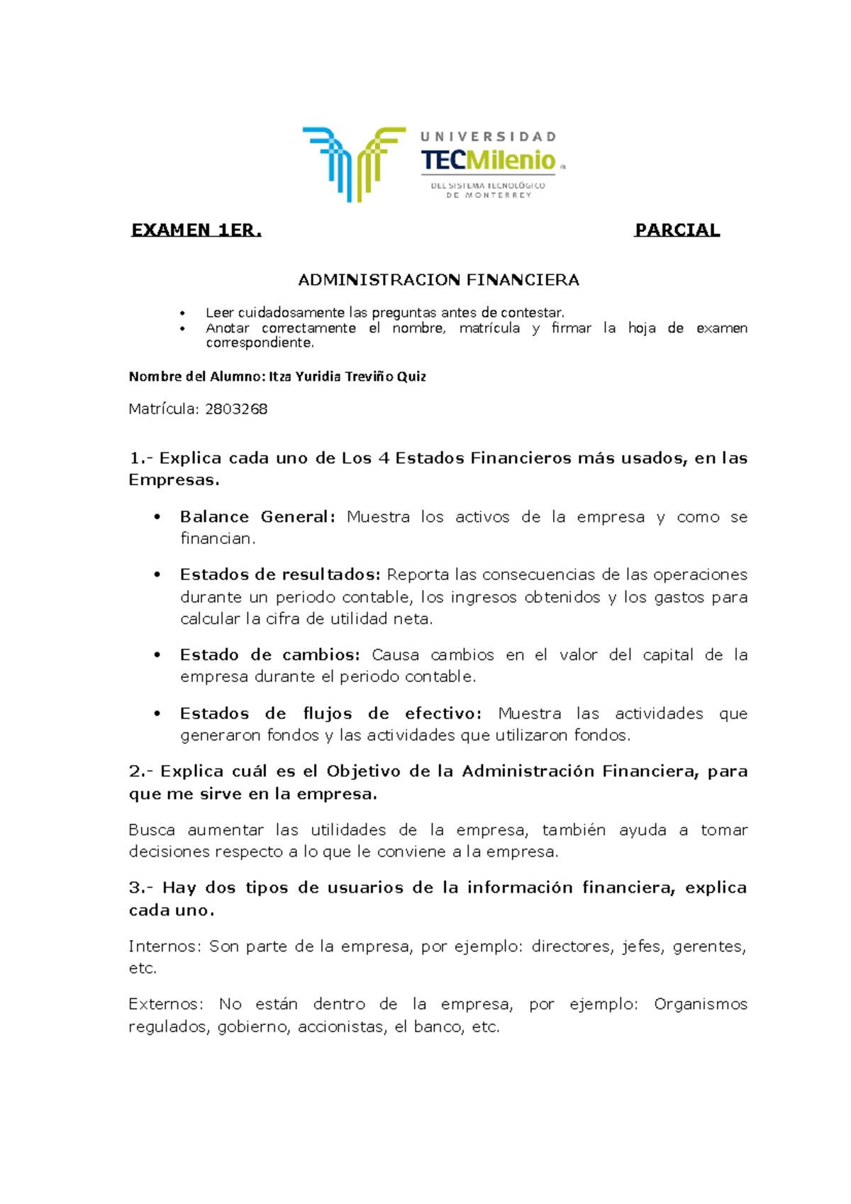 1er Examen Parcial - EXAMEN 1ER. PARCIAL ADMINISTRACION FINANCIERA Leer ...