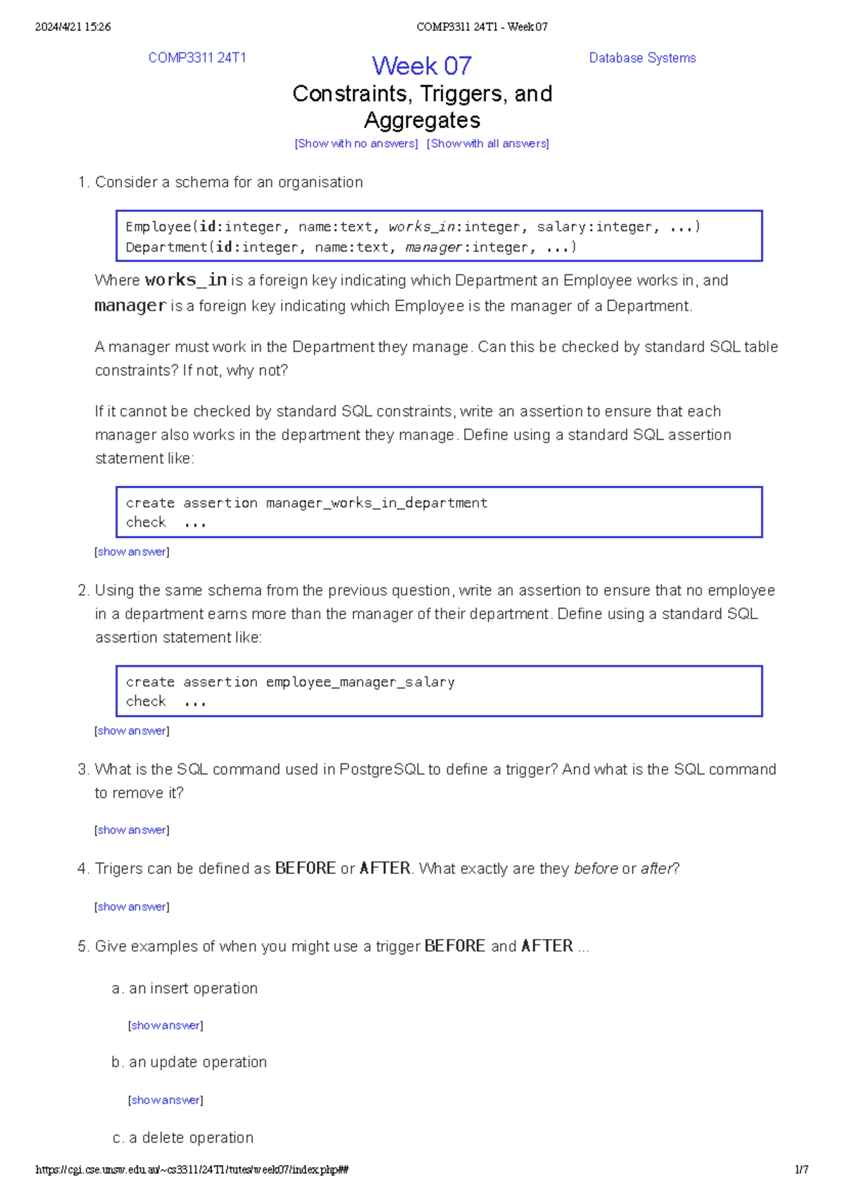 COMP3311 24T1 - Week 07 - Code notes - COMP3311 24T Week 07 Constraints ...