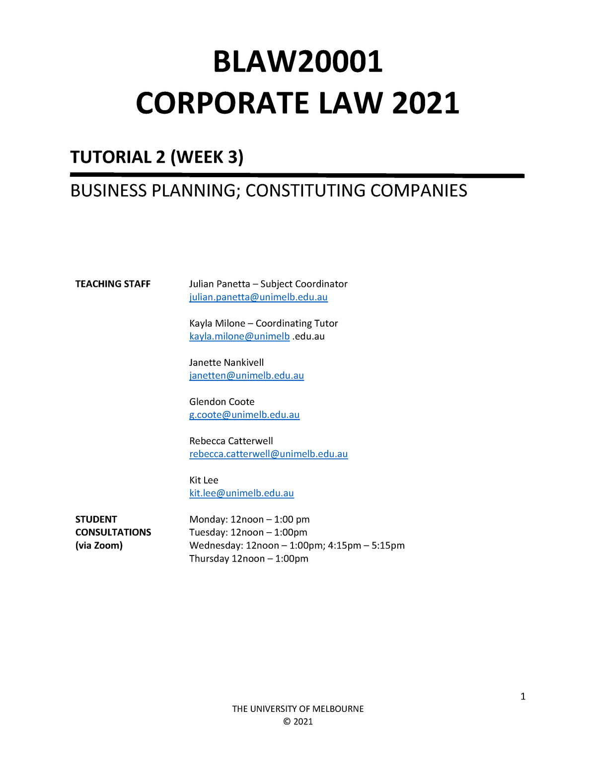 BLAW2000 1 2021 - Tutorial 2 (Week 3) - 1 THE UNIVERSITY OF MELBOURNE ...