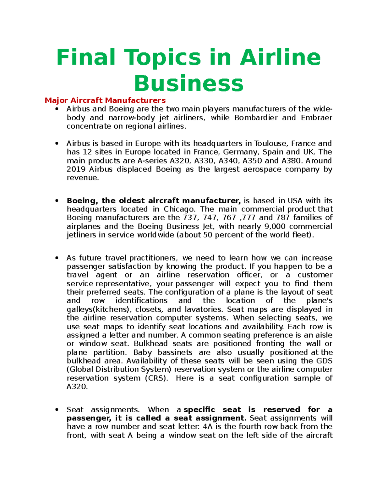 Final Topics in Airline Business - BS International Travel and Tourism ...