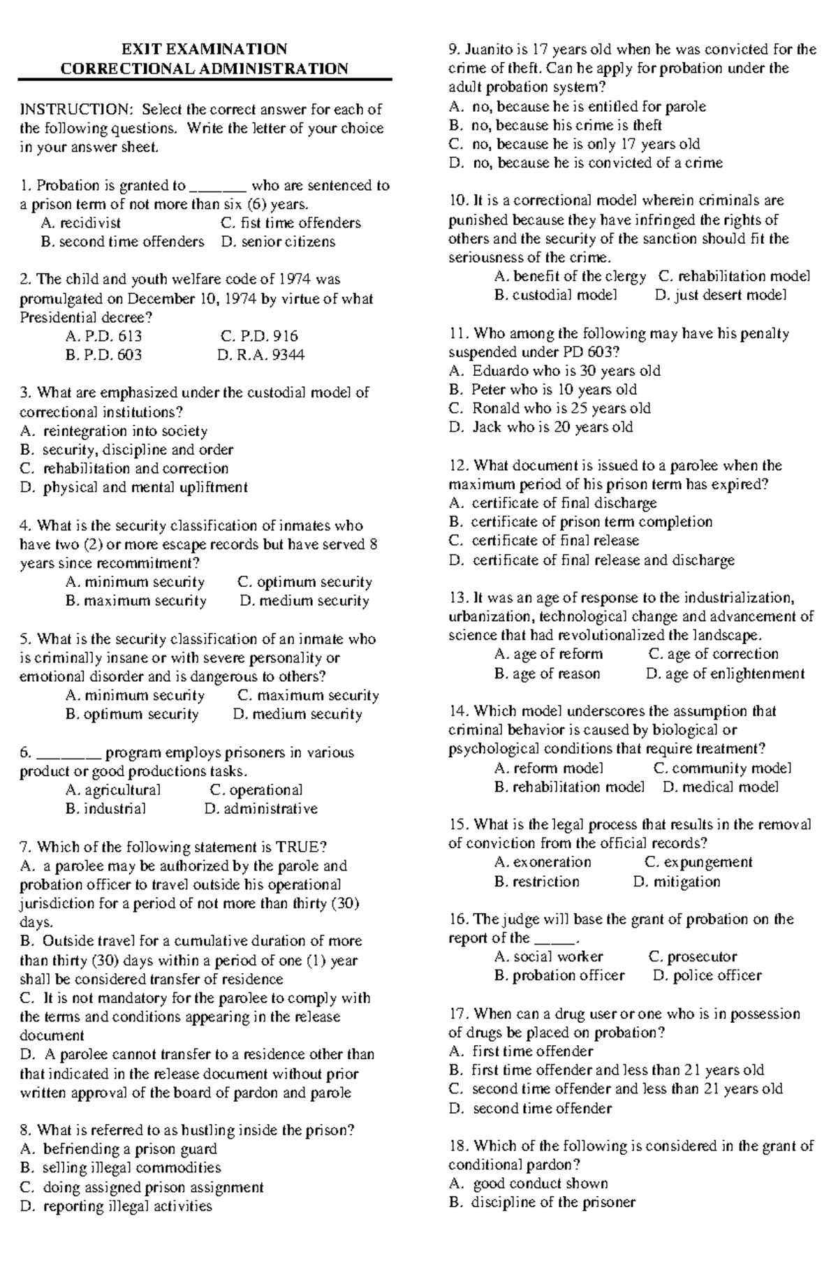 Correctional administration-BS IN CRIMINOLOGY - EXIT EXAMINATION ...