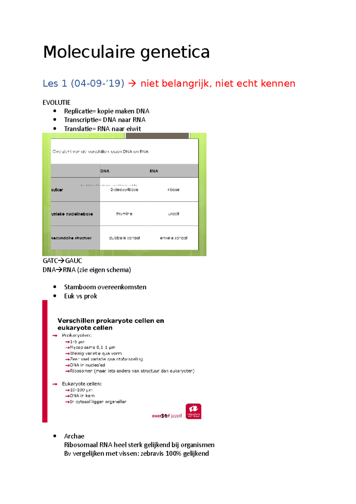 MG1 College 1 - Moleculaire Genetica Les 1 (04-09-’19) Niet Belangrijk ...