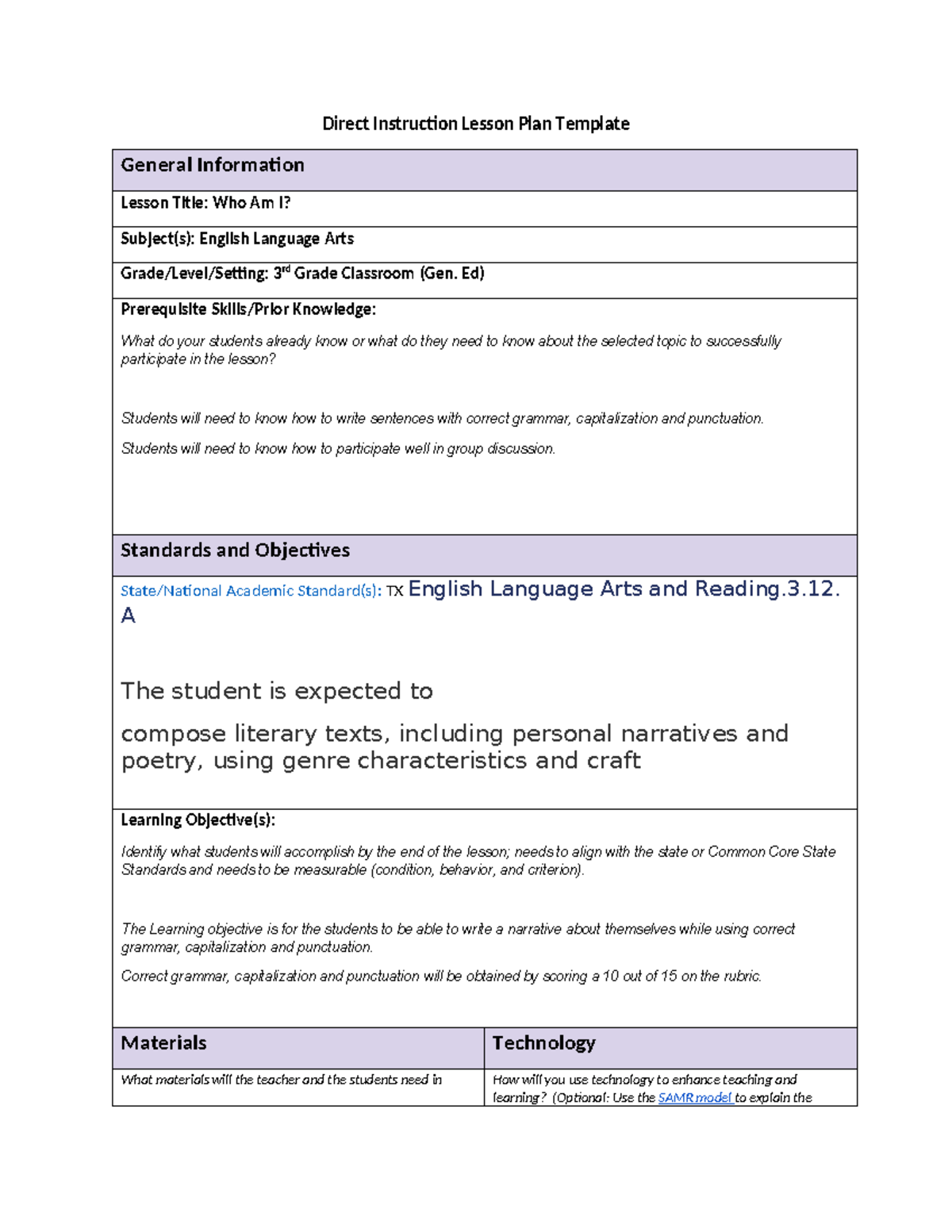 Gracelyn Horton Task 1 - C909 - Direct Instruction Lesson Plan Template ...