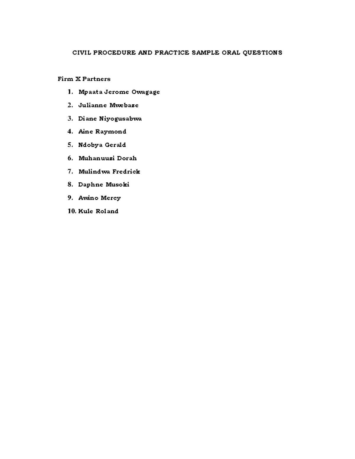 Civil Procedure ORAL Questions Sample CIVIL PROCEDURE AND PRACTICE