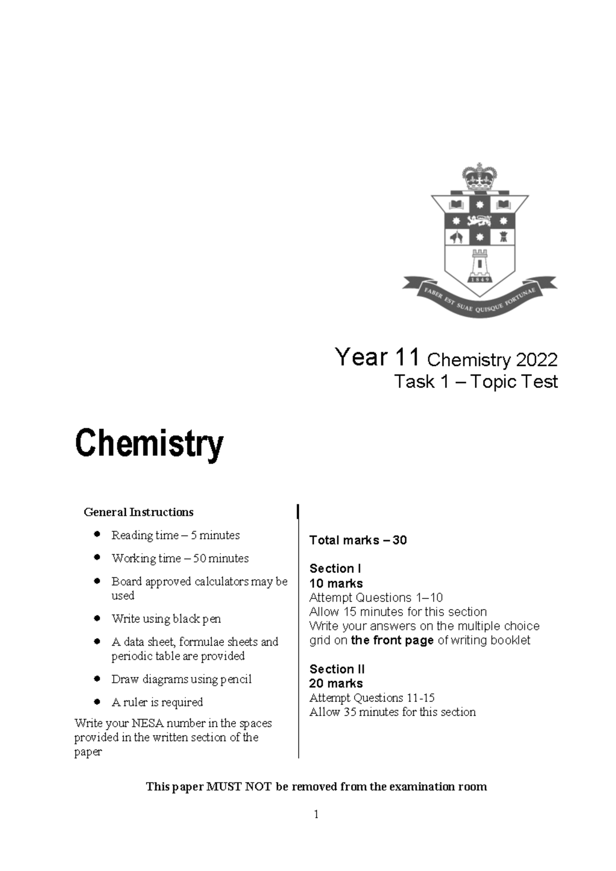 Fshs year 11 Chemistry test - Year 11 Chemistry 2022 ####### Task 1 ...