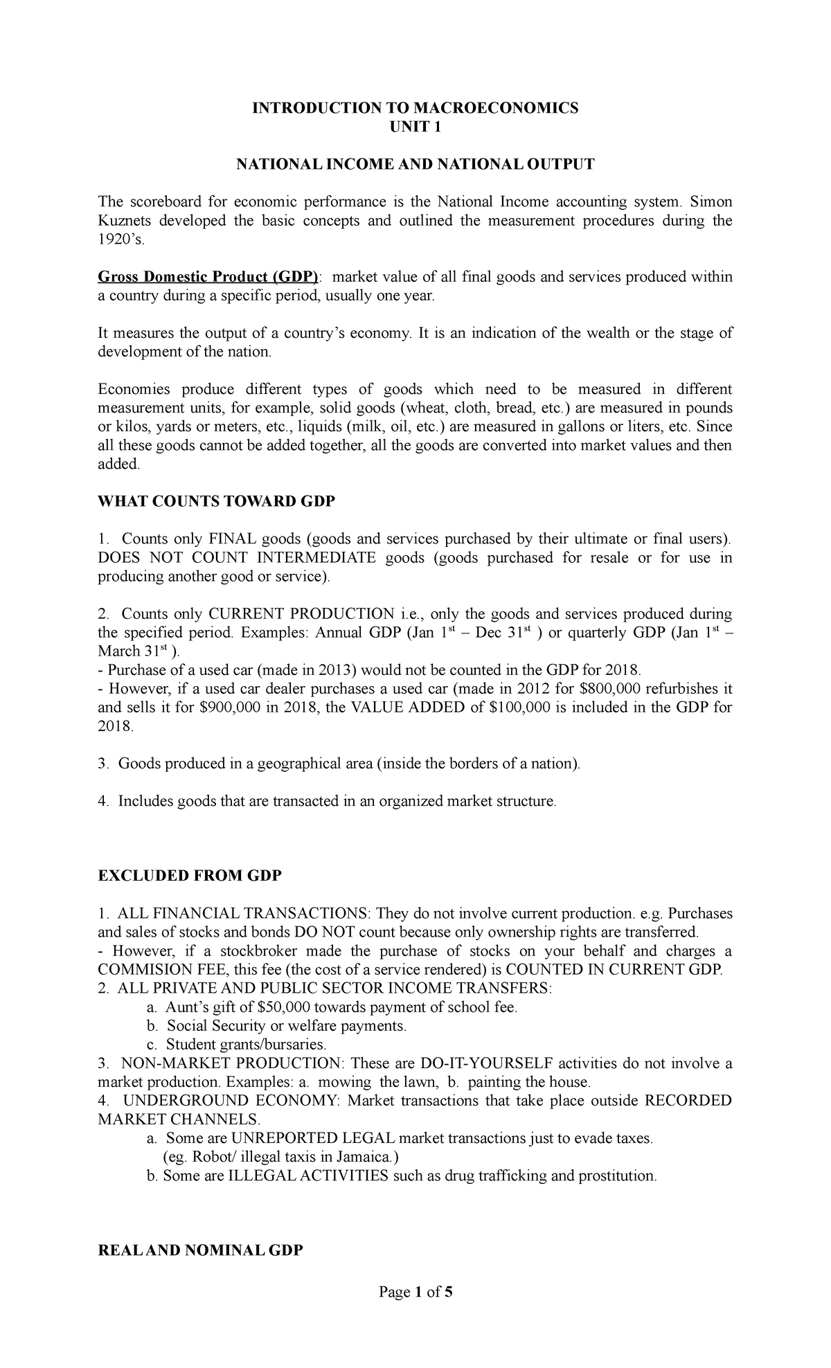 Unit 1 GDP - Lecture notes 1 - INTRODUCTION TO MACROECONOMICS UNIT 1 ...