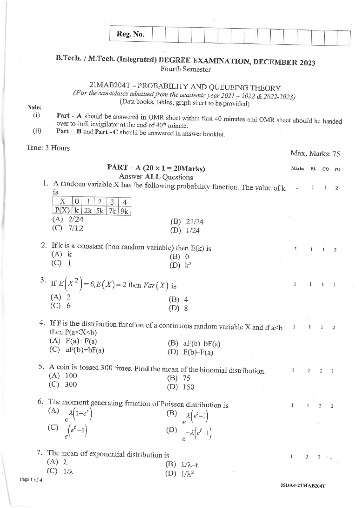 21MAB204T-dec23 - pyq - Probability and Queueing Theory - Studocu