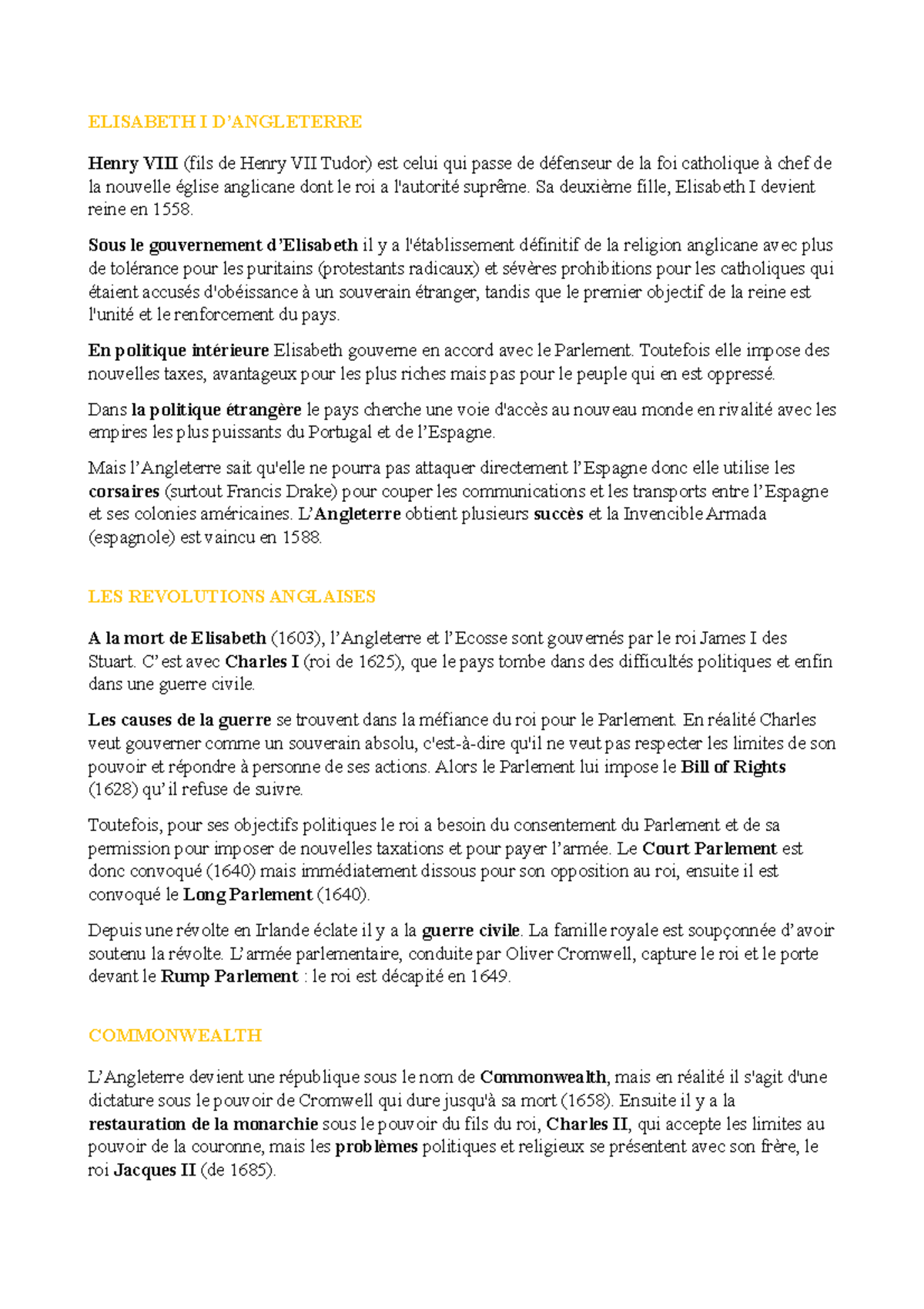 Elisabeth I D’ Angleterre LES Revolutions Anglaises Commonwealth