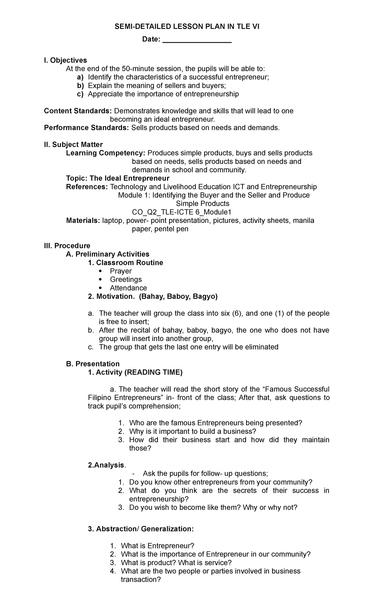 Semi Detailed Lesson Plan In Tle 6 Semi Detailed Lesson Plan In Tle Vi Date 0158