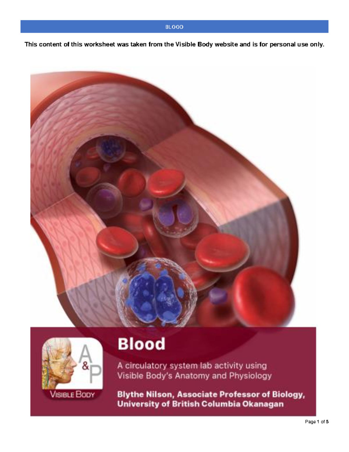 Blood Work Sheet This content of this worksheet was taken from the