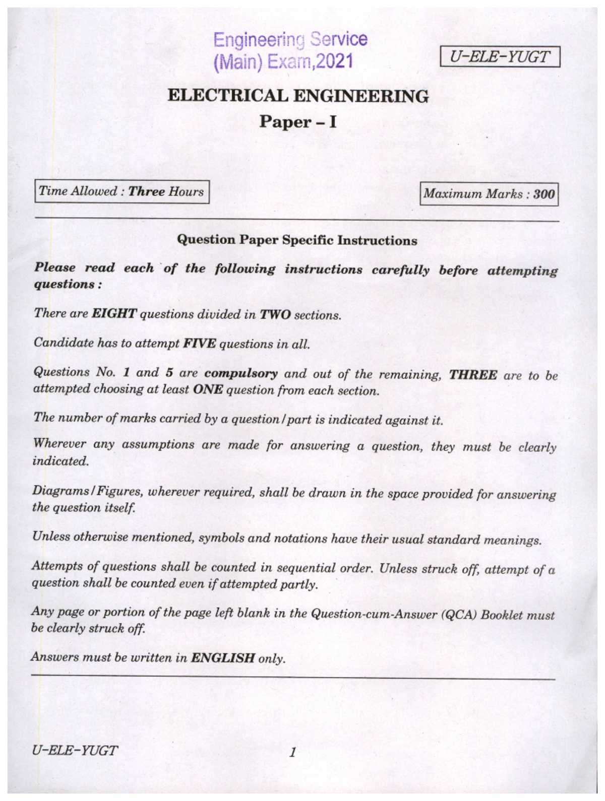 QP ESEM 21 Elect Engg Paper I 231121 - Bautechnik - Studocu
