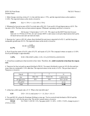 BFIN 300 Test I Guideline Answers - Version 1 BFIN 300 Test I Student ...