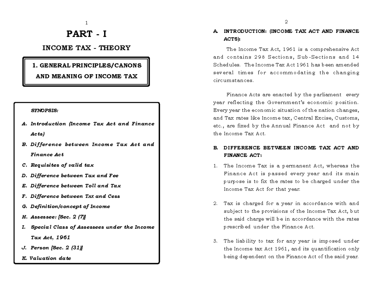 Taxation-chapter - PART - I INCOME TAX - THEORY 1. GENERAL PRINCIPLES ...