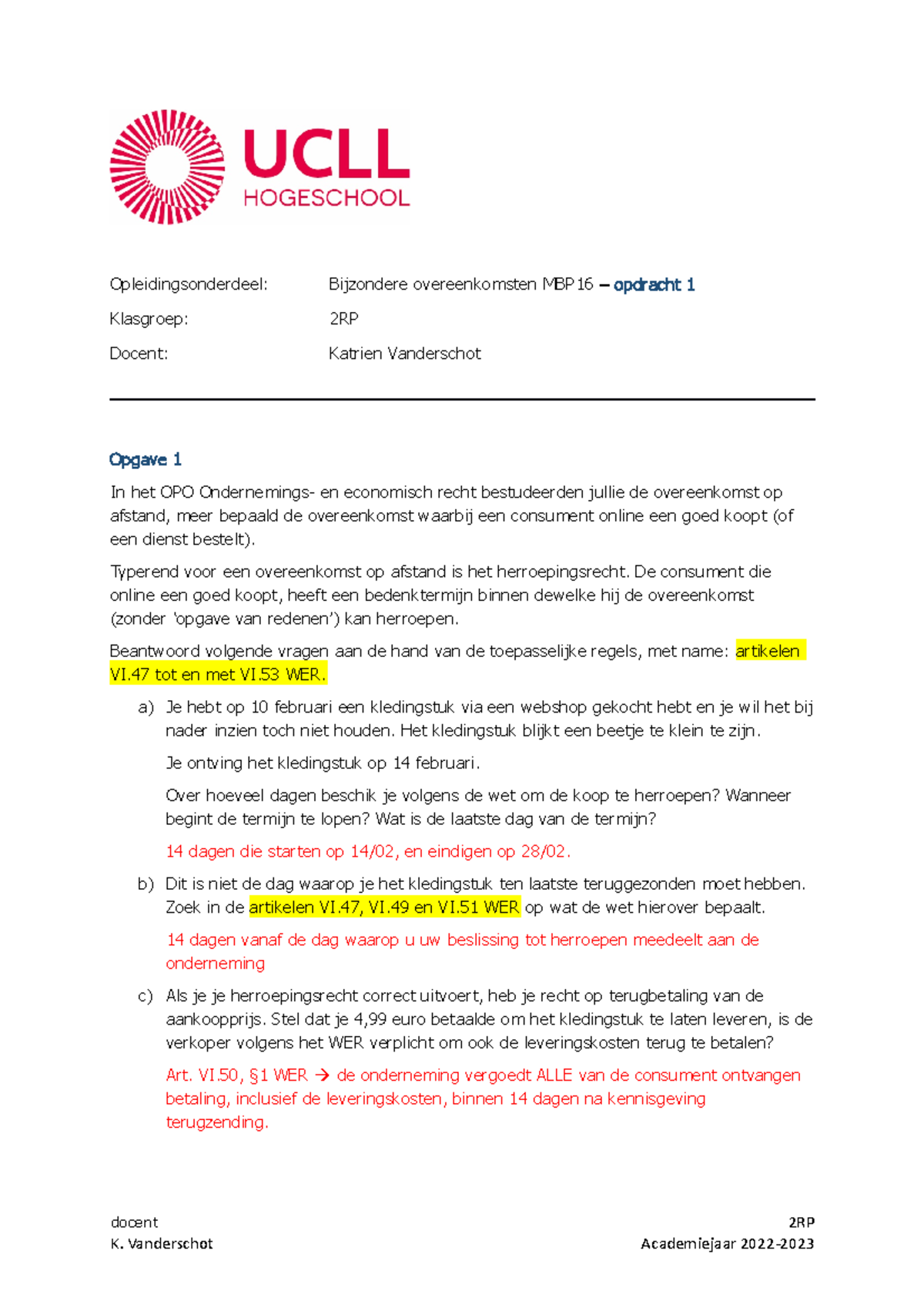 Opdracht 1 2022-2023 - Opleidingsonderdeel: Bijzondere Overeenkomsten ...