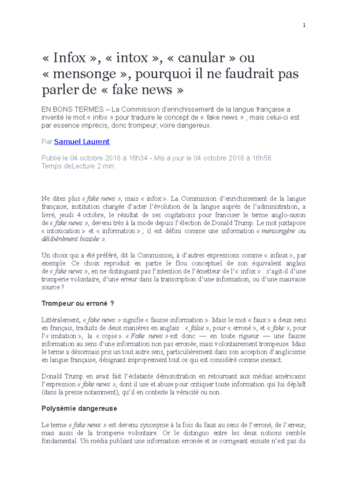 Infox, intox - Fake new et post-verite - 1 « Infox », « intox ...