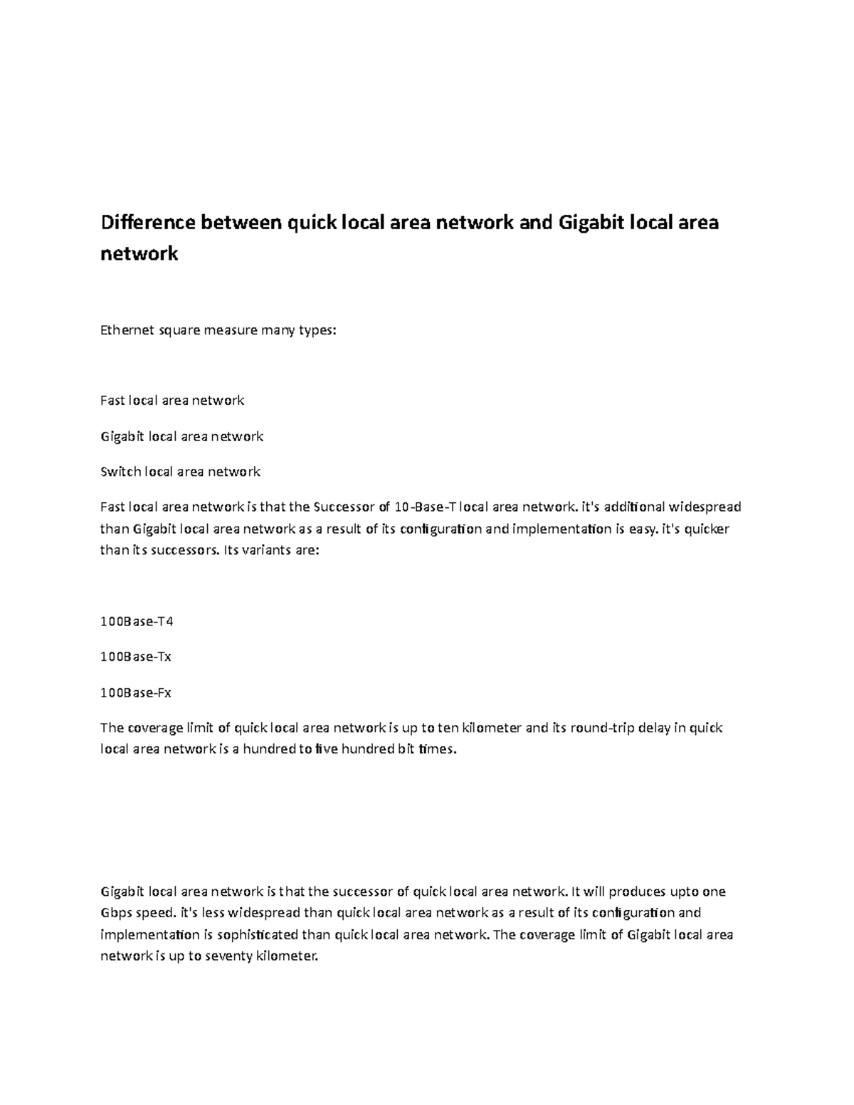 Difference between quick local area network and Gigabit local area ...