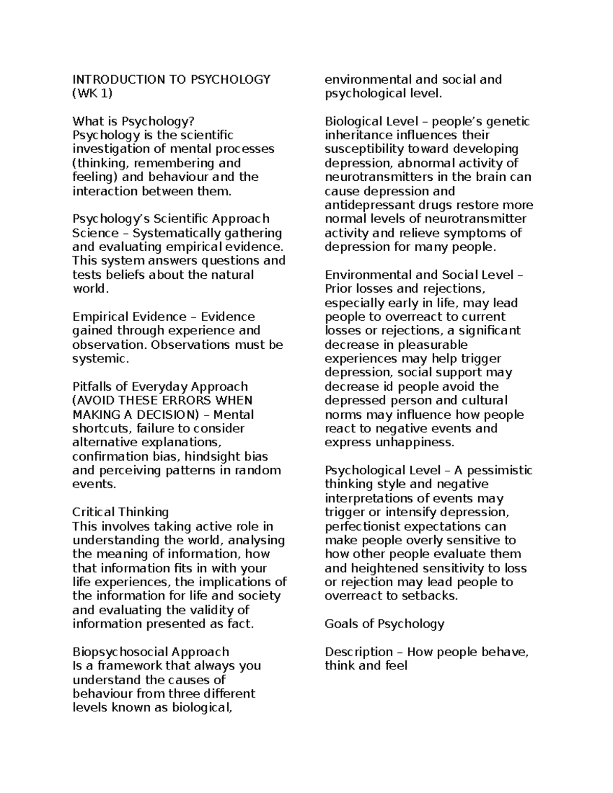 Psych 1B EXAM Notes - INTRODUCTION TO PSYCHOLOGY (WK 1) What is ...