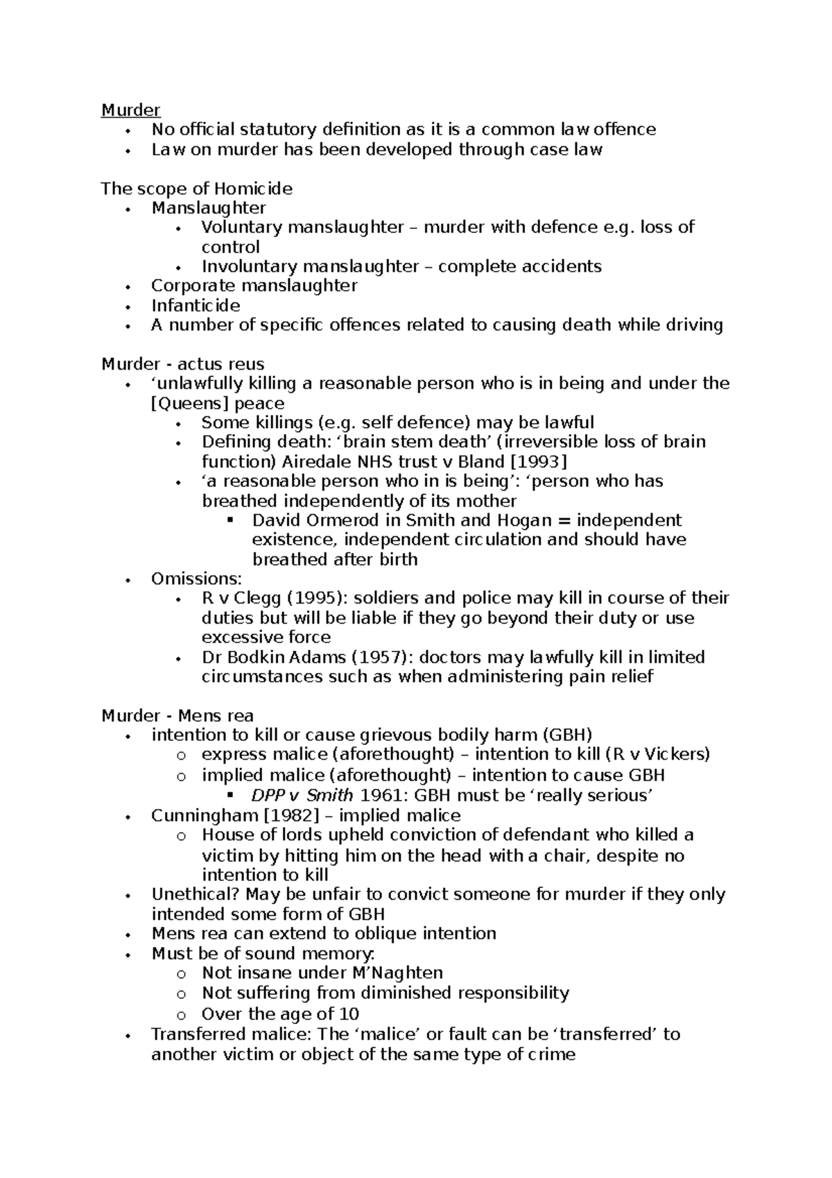 Murder - Lecture notes - Murder No official statutory definition as it ...